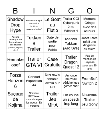 Game Awards 2025 Bingo Card