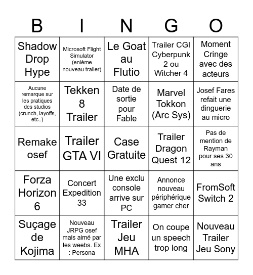 Game Awards 2025 Bingo Card
