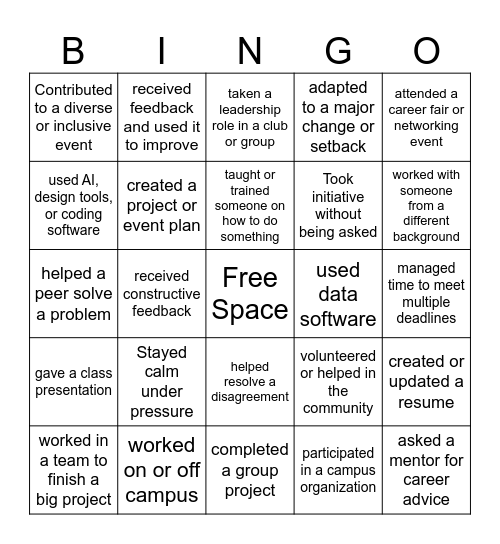 Career Competency Bingo Card