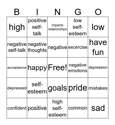 Self-esteem Bingo Card