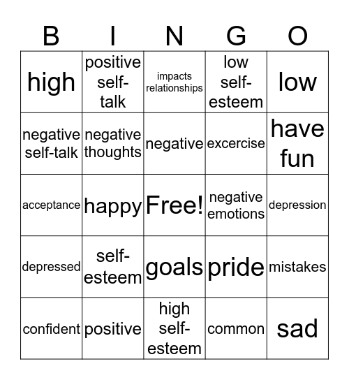 Self-esteem Bingo Card