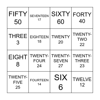 ENGLISH NUMBERS Bingo Card