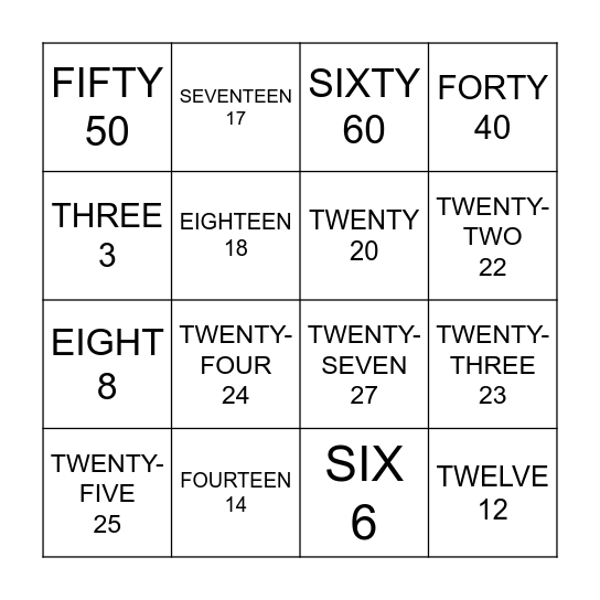 ENGLISH NUMBERS Bingo Card
