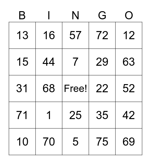 English Numbers Bingo Card