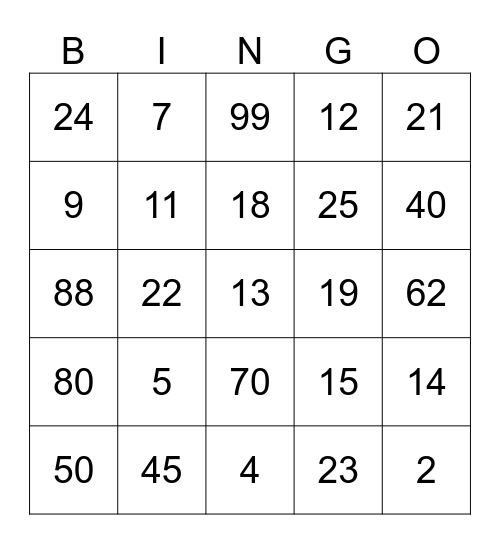 English Numbers Bingo Card