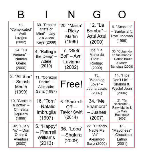 Bingo Musical Bingo Card