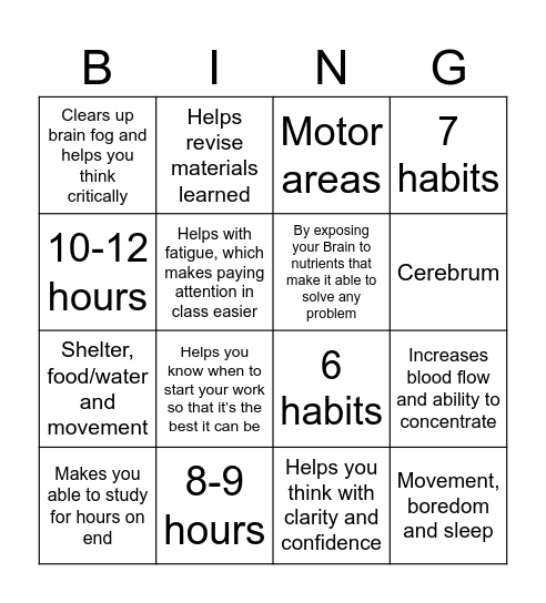 Healthy Habits for Academic Success Bingo Card