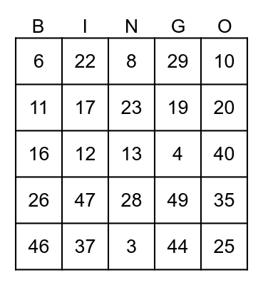 French Numbers Bingo Card
