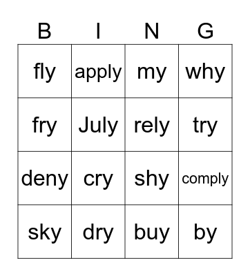 Y as long "i" Bingo Card