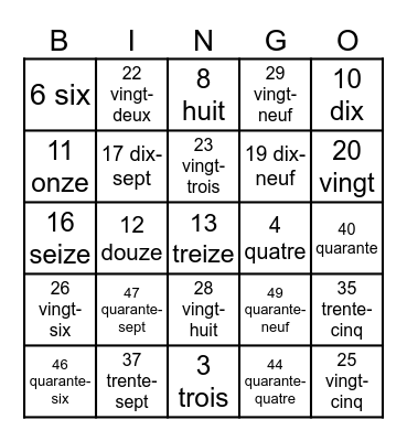 French 1-50 Bingo Card
