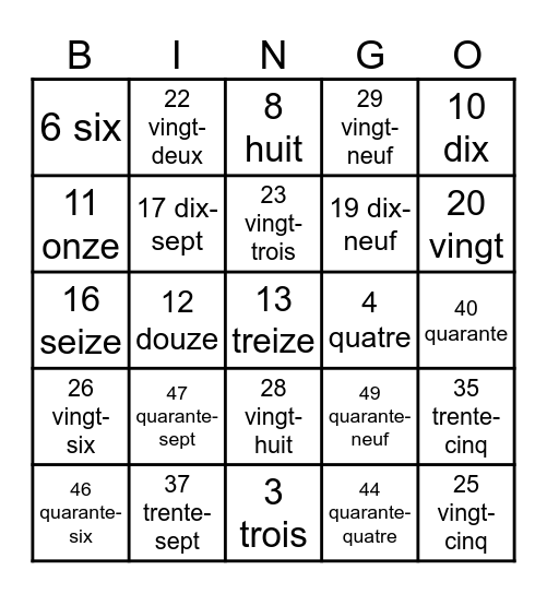 French 1-50 Bingo Card