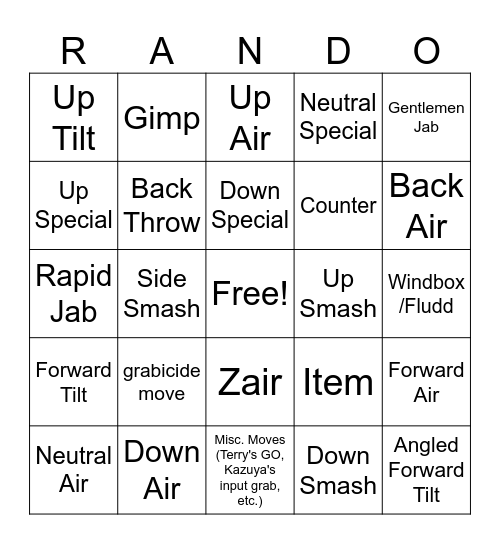 Kill Move Bingo Card