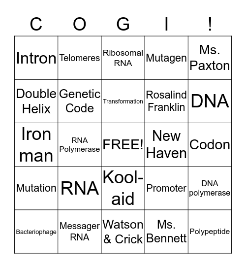 DNA and RNA Fun Bingo Card