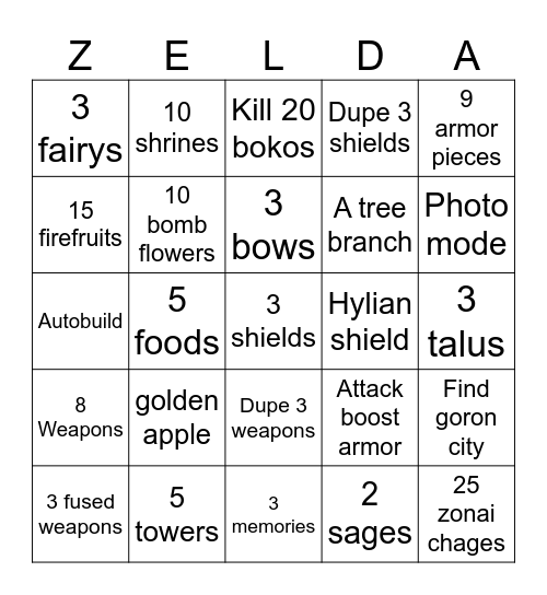 TOTK Bingo Card