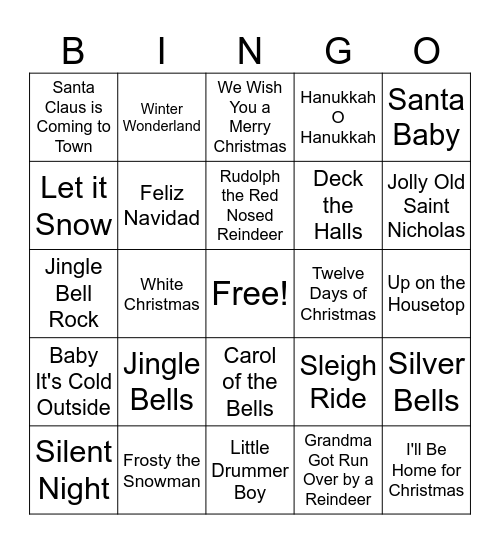 Holiday Carols Bingo Card