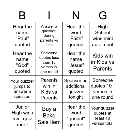 Bible Quizzing Bingo Card