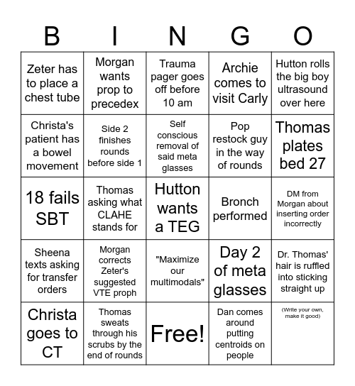 STICU Side 2 Bingo 11/11 Bingo Card