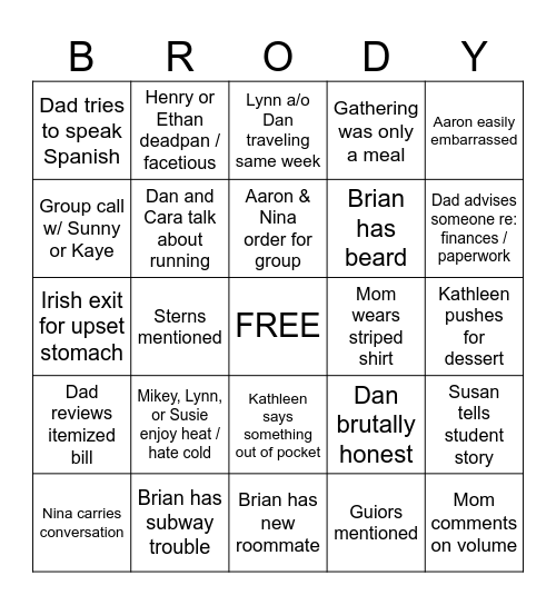 Brody Family Gatherings Bingo Card