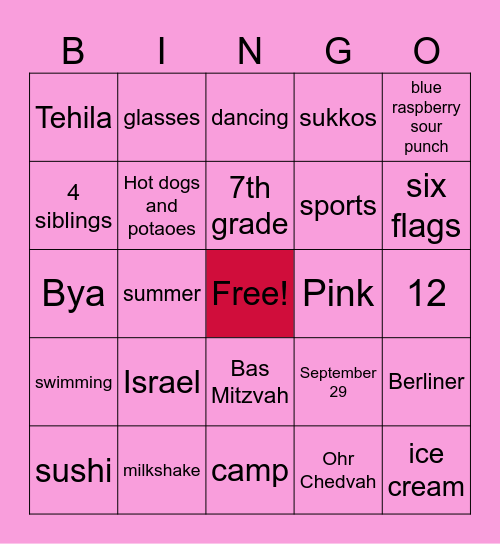Tehila's Bas Mitzvah Bingo Card