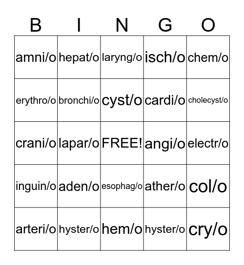 Medical Terminology Card Bingo Card