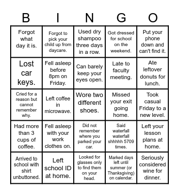 Tired Teacher Bingo Card