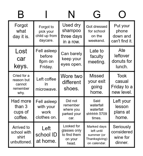 Tired Teacher Bingo Card