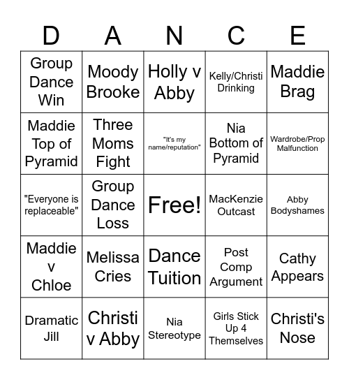 Dance Moms Bingo Card
