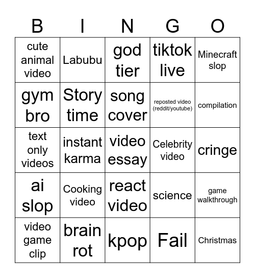 Tiktok Bingo Card