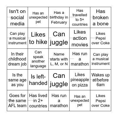YACS Singles Bingo Card