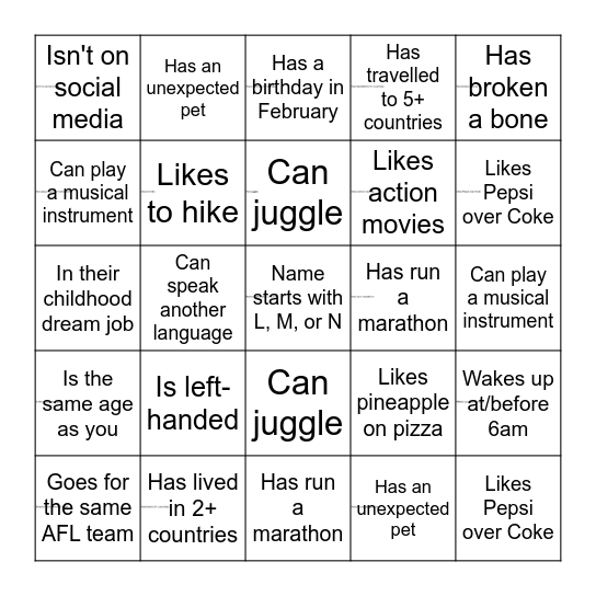 YACS Singles Bingo Card