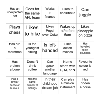 YACS Singles Bingo Card