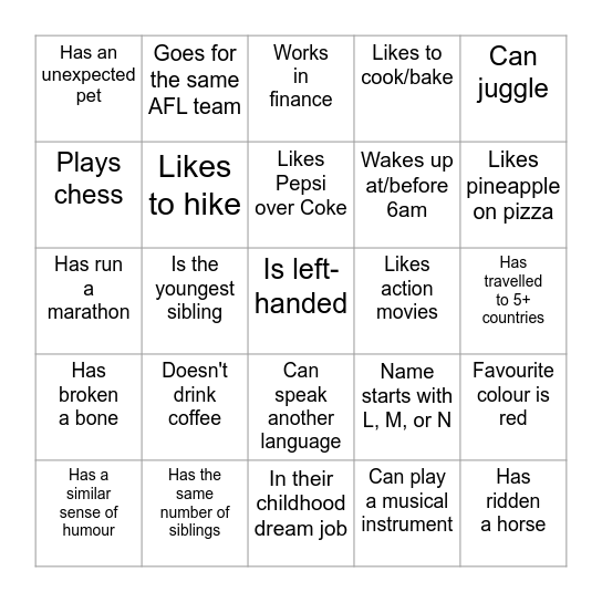 YACS Singles Bingo Card