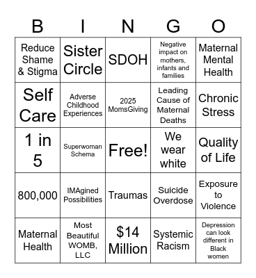 2025 Sister Circle MomsGiving Bingo Card
