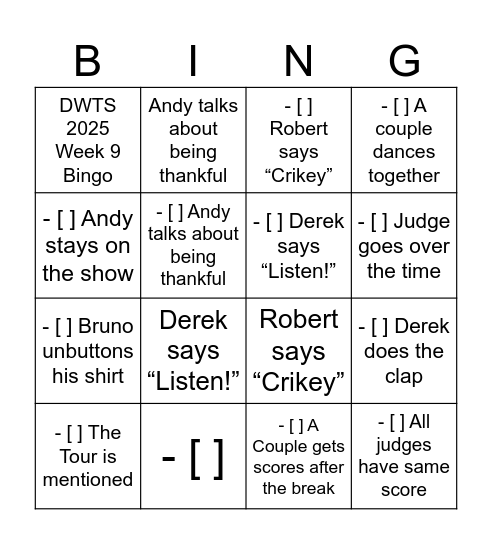 DWTS 2025 Week 9 Bingo Card