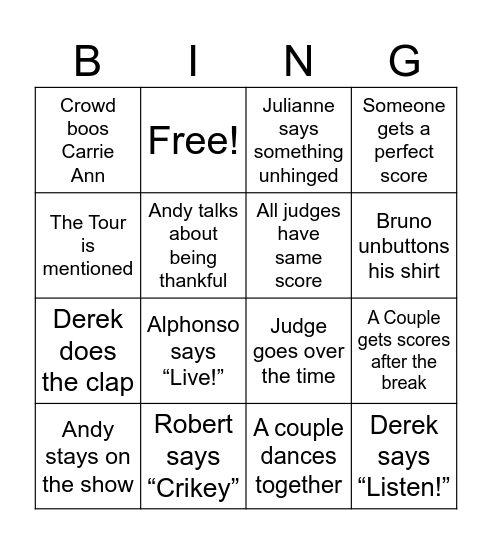 DWTS 2025 Week 9 Bingo Card
