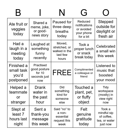 WELLBEINGO Bingo Card