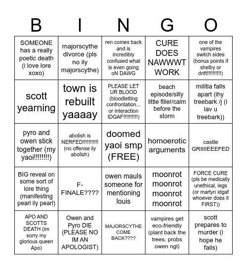 two owen apologists make a bingo for ep 8 Bingo Card