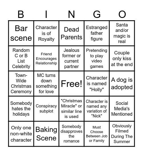 Hallmark Movie Bingo for Shenanigans Server Bingo Card
