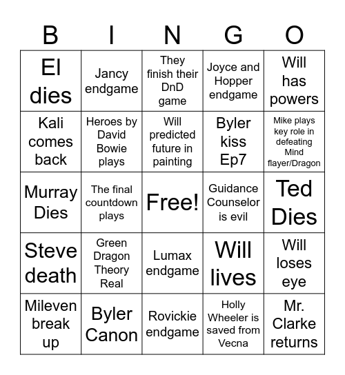 Stranger Things Season 5 Bingo Card