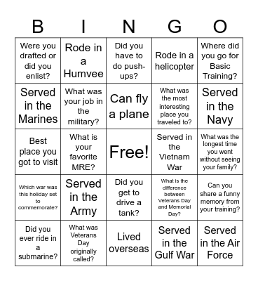 Veterans Day BINGO Card