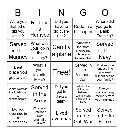 Veterans Day BINGO Card