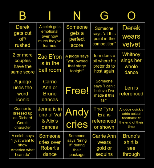 DWTS 20th Anniversary Bingo Card