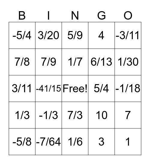 Fractions Test Review Bingo Card