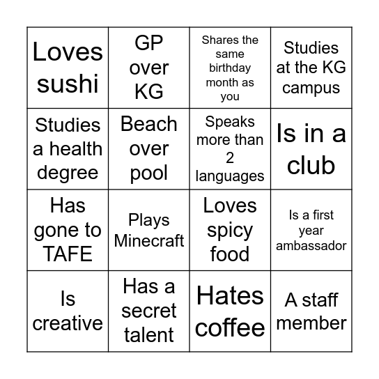 Ambassador BINGO Card