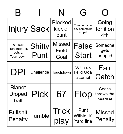 NFl BIngo Card