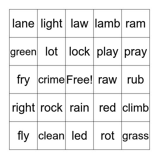 L & R Bingo Card