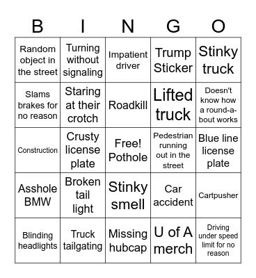South Tucson Driving/Car Bingo Card