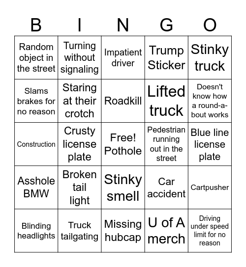 South Tucson Driving/Car Bingo Card
