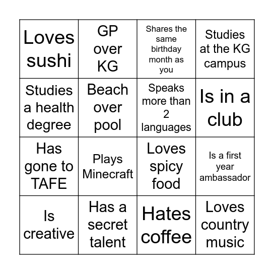 Ambassador BINGO Card