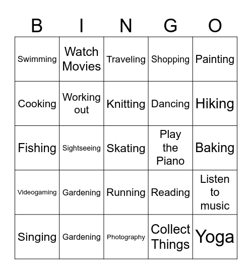 Hobbies Bingo Card